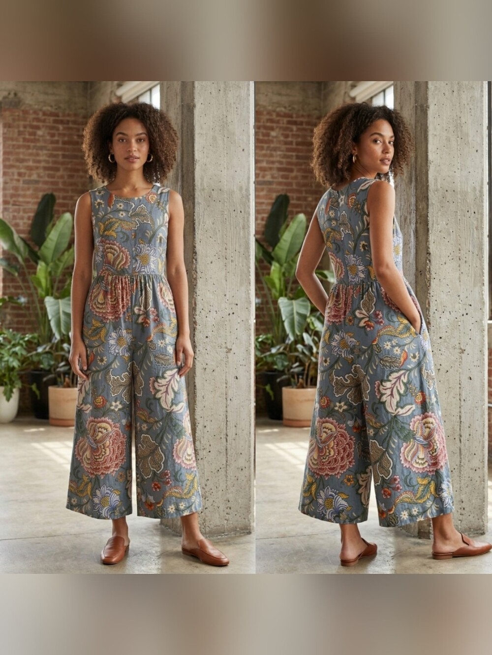 Boho Floral Wide Leg Jumpsuit Blue Sleeveless Pockets